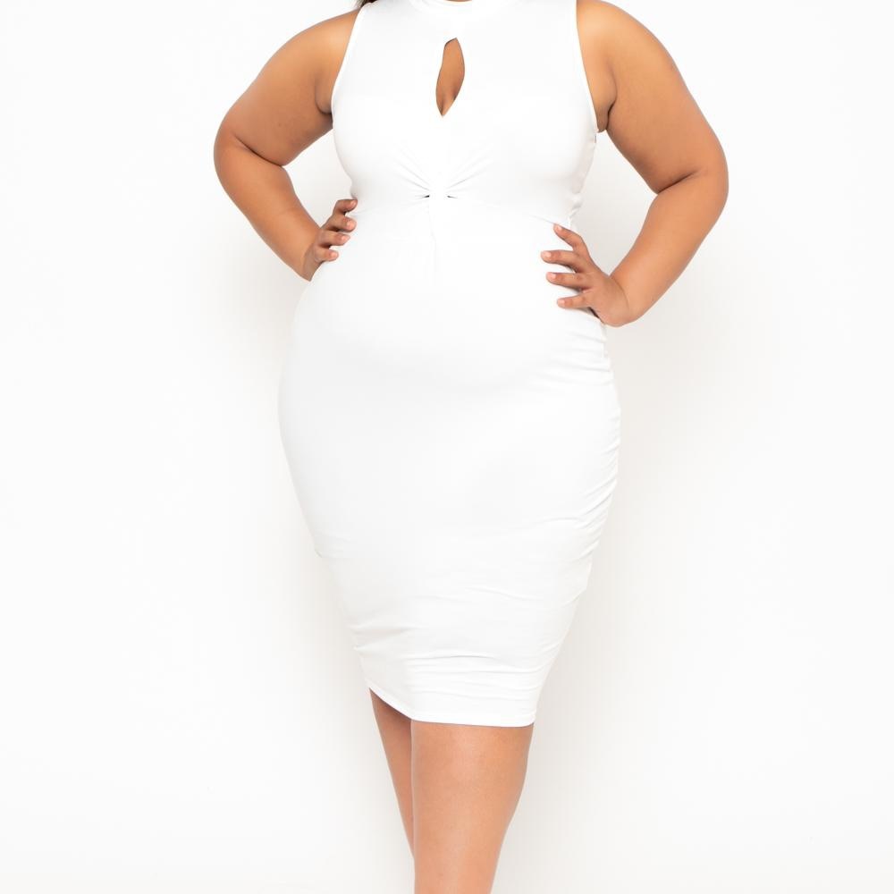 Plus size Keyhole Tie Knot Dress - IVORY
